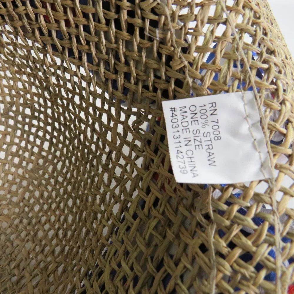 Uena Red White Blue scarf on a dark tan woven hat